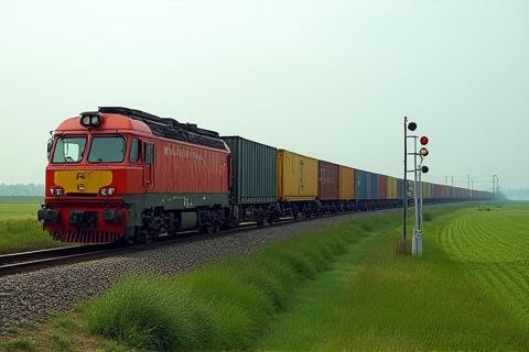 Cargo train on railway tracks